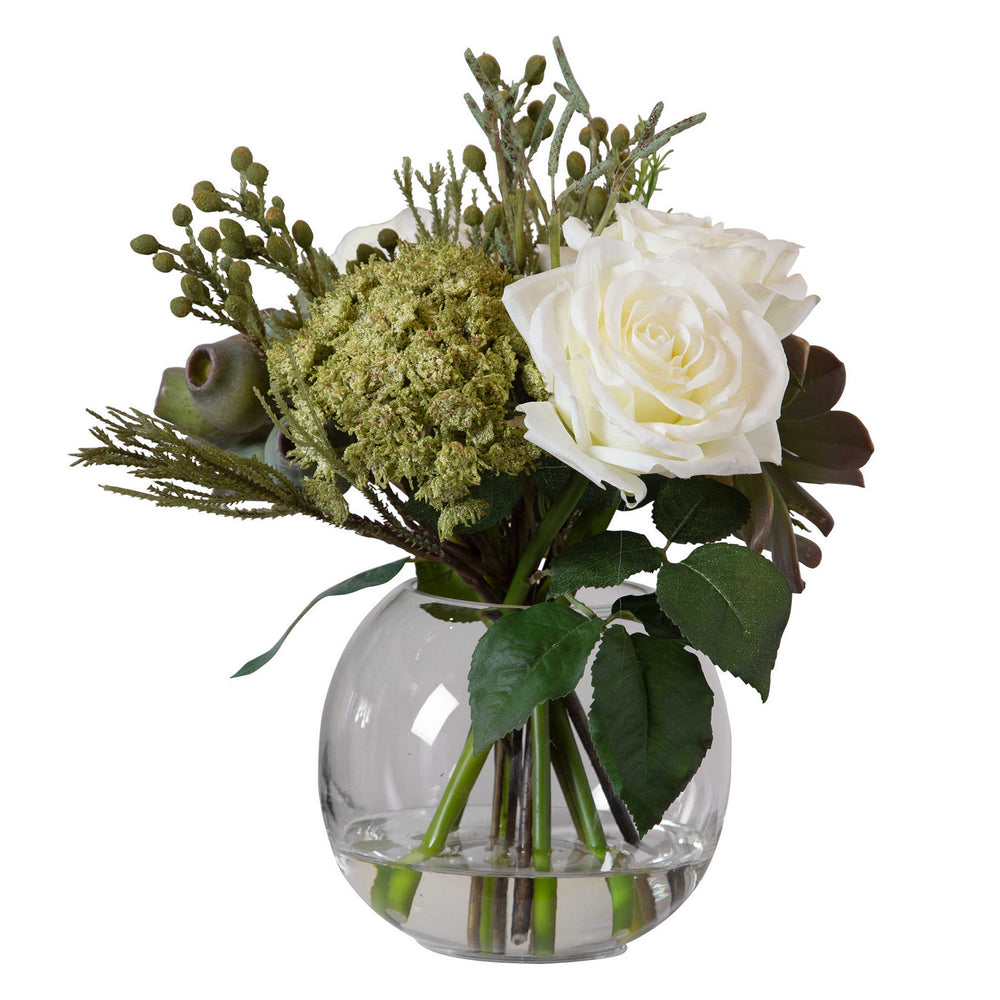Uttermost - Floral Bouquet & Vase - Belmonte - Berries, Greenery, Seed Pods, Succulents And Cream Roses In A Clear- Union Lighting Luminaires Decor