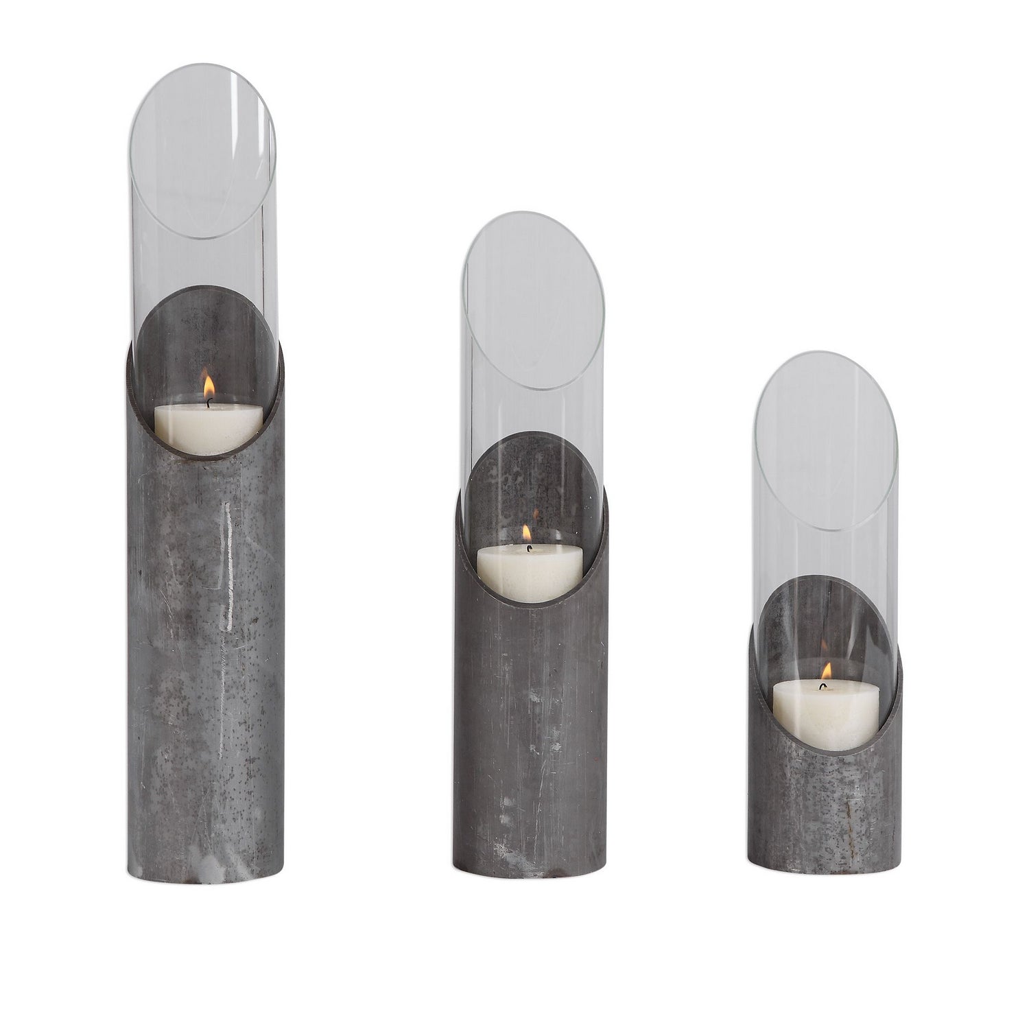 Uttermost - Candleholders, Set/3 - Karter - Angular Design In Raw Iron And Clear Glass- Union Lighting Luminaires Decor
