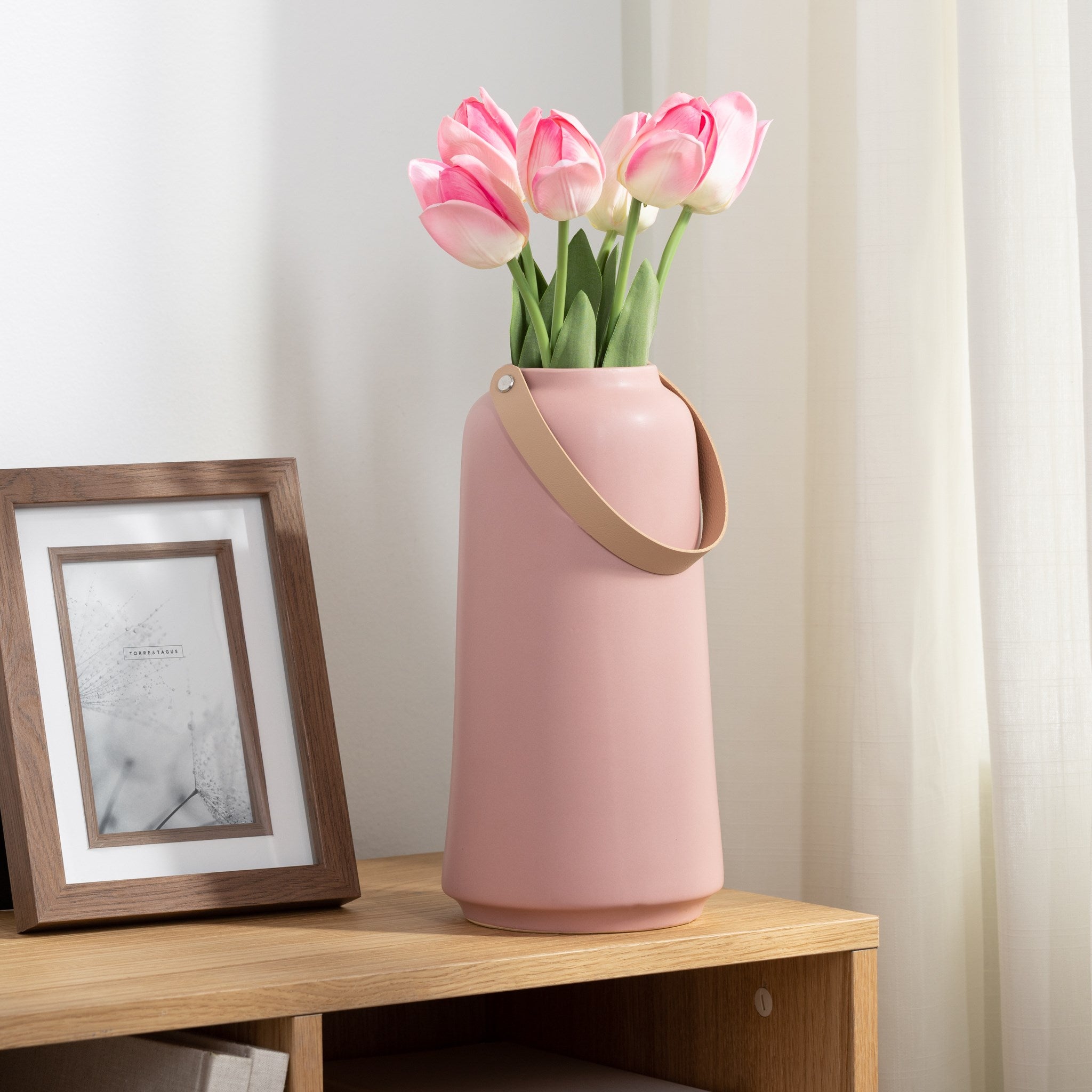 Lido Ceramic Vase with Faux Leather Handle